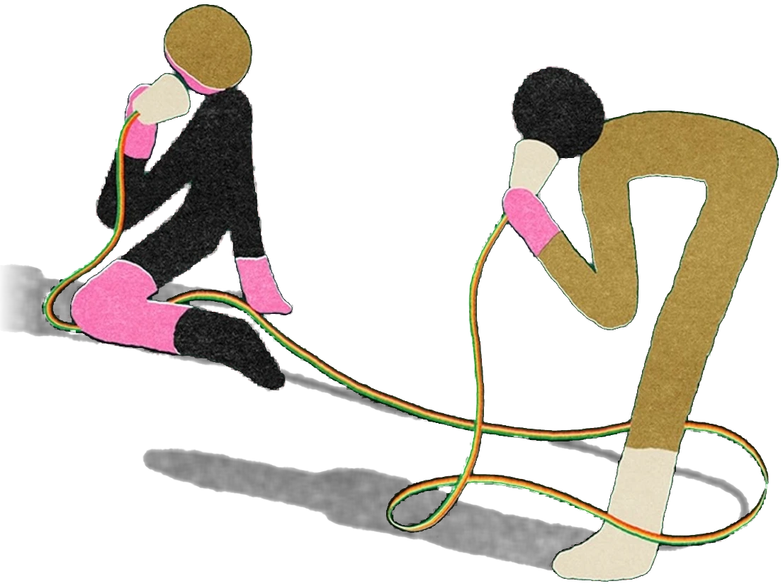 무지개색 끈으로 이어진 종이컵 전화로 두 사람이 서로 이야기에 귀 기울이는 일러스트